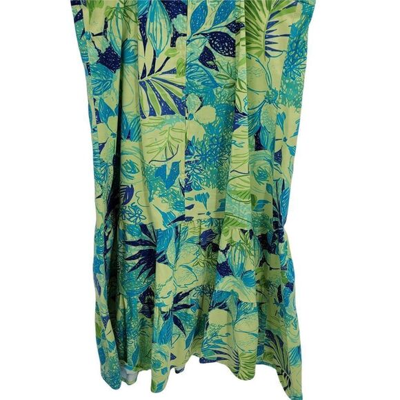 80's Tropical Cotton Tiered Ruffle Drop Waist Prairie Apron Dress‎ Green Sz 8 - Picture 6 of 11